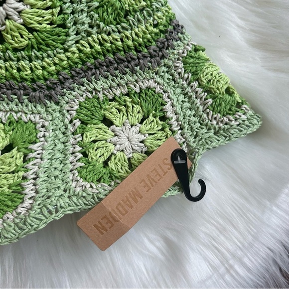 Steve Madden Crochet Floral Paper Straw Granny Square Bucket Hat Lime Green - Picture 7 of 8